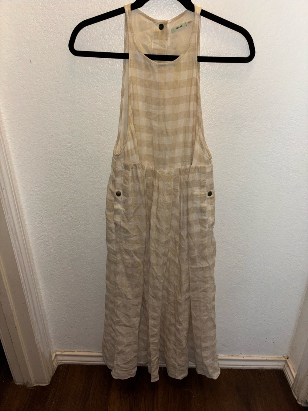 Light Beige Checked Sleeveless Smock Peasant Maxi Dress